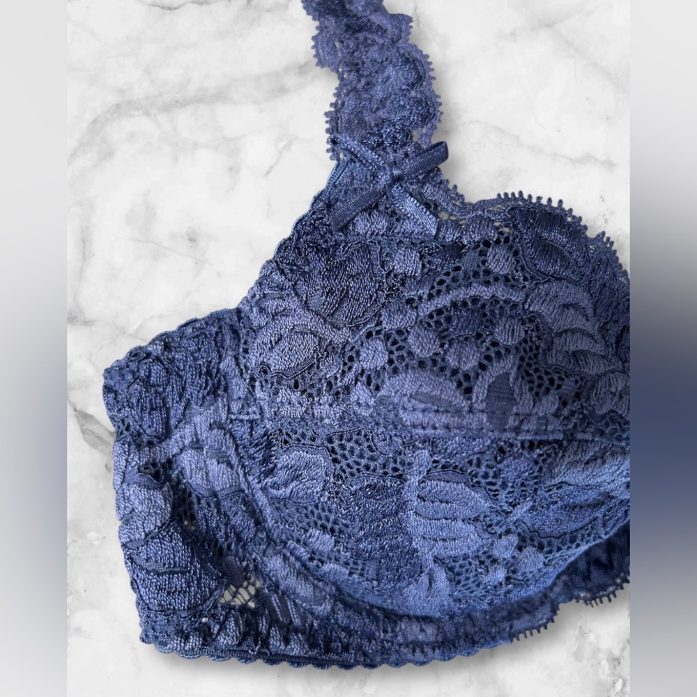 Barbara Paris Vintage Bra Midnight Blue Lace Demi Underwire Balconette Size 34B - Picture 2 of 8